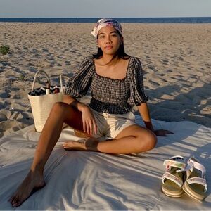 Lou & Grey Black and White Plaid Smocked Top